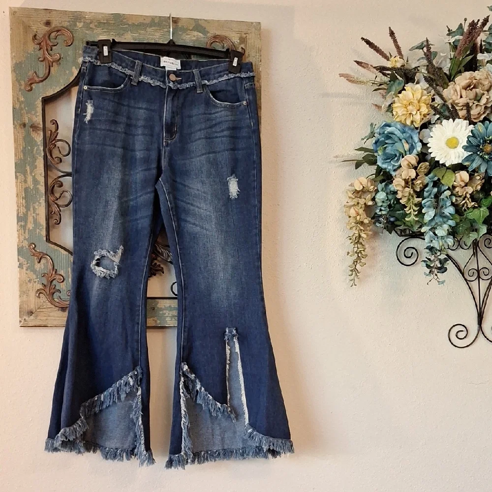For The Republic Dark Blue Frayed Hem Wide Leg Jeans. NWOT Size 10 - Picture 4 of 11